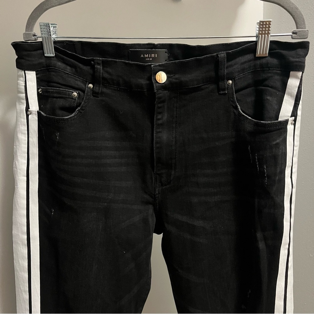 Amiri Men Slim Rock Black Jeans White Stripes 36 Skinny Designer Denim Flawless